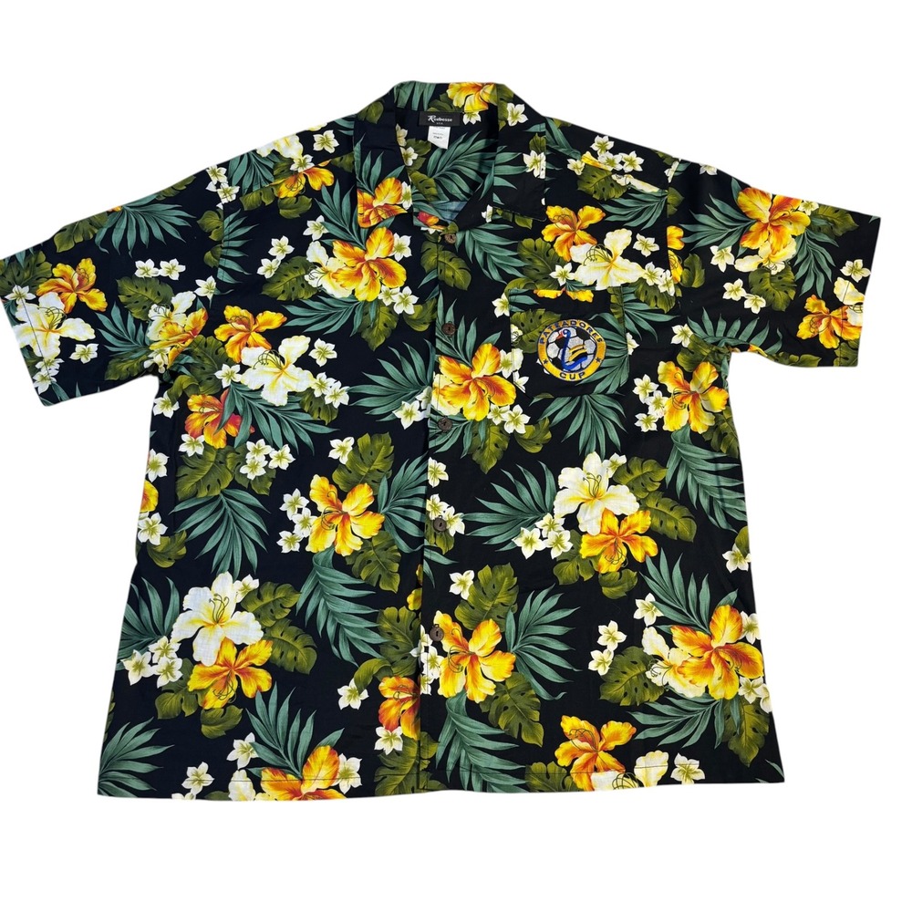 Reebesse Tropical Floral Soccer Patch Men's XL Button Down Shirt Black USA